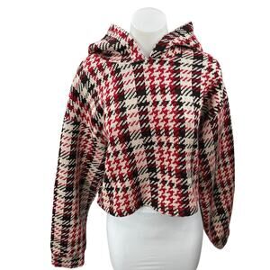 Bershka Multicolor Houndstooth Plaid Knit Hoodie Hooded Pullover Sweater Top L